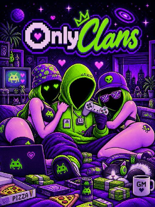 Vibrant pixel-art promotional artwork for 'OnlyClans,' featuring three hooded figures, gaming controllers, laptops, pizza, a cat, and stacks of cash in a neon purple and green color scheme.