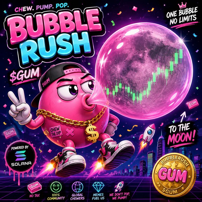 A colorful promotional graphic for the cryptocurrency '$GUM' titled 'BUBBLE RUSH' shows a pink bubble character wearing a cap and gold chain blowing a large bubble displaying a green stock chart, with 'TO THE MOON!' and 'POWERED BY SOLANA' visible among various icons at the bottom.