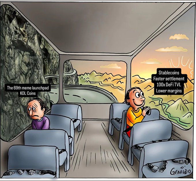 The meme 'The bus is moving and only those who look forward move forward' by Genius, showing one passenger looking back at 'The 699th meme launchpad KOL Coins' while another looks forward at 'Stablecoins, Faster settlement, 100x DeFi TVL, Lower margins'.