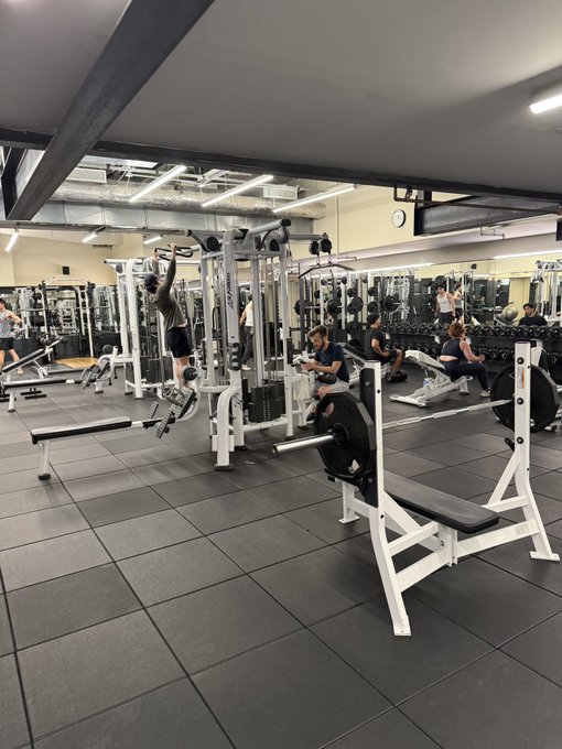 A gym-goer performs pull-ups in a well-equipped weight room with free weights, benches, and cable machines, while several other members work out in the background. The image humorously illustrates the "anti-chud arc" referenced in the caption, marking the poster's shift from day-trading memecoins to pursuing physical fitness after nine months in the markets.