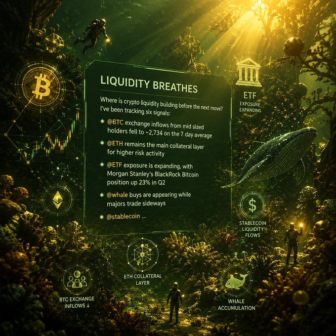 A crypto-themed infographic titled 'LIQUIDITY BREATHES' set against a fantasy forest with divers, showing signals including BTC exchange inflows of ~2,734, ETH as main collateral, ETF expansion with Morgan Stanley's BlackRock Bitcoin position up 23% in Q2, whale buys, and stablecoin liquidity flows.