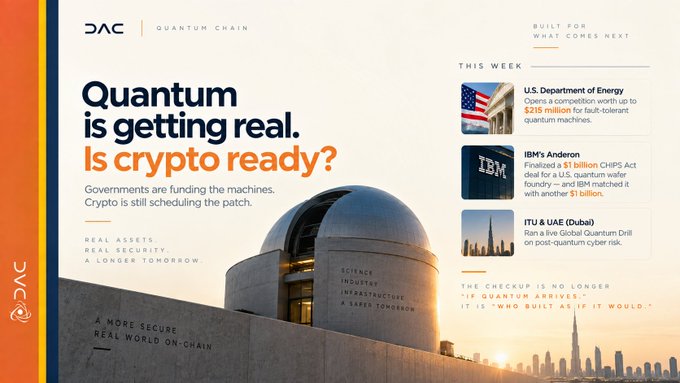 An advertisement for QAC Quantum Chain features the headline 'Quantum is getting real. Is crypto ready?' alongside news items including the U.S. Department of Energy's $215 million quantum competition, IBM's $1 billion CHIPS Act deal, and an ITU & UAE Dubai Global Quantum Drill.