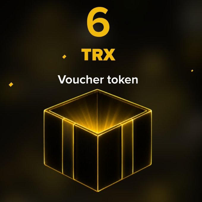 A dark graphic showing a glowing golden cube with text reading '6 TRX Voucher token.'