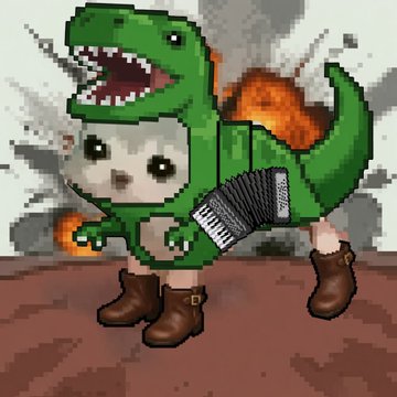 A pixel art image of a small chibi character wearing a green dinosaur costume with flames and a barcode, standing in brown boots against a backdrop of fire and smoke.