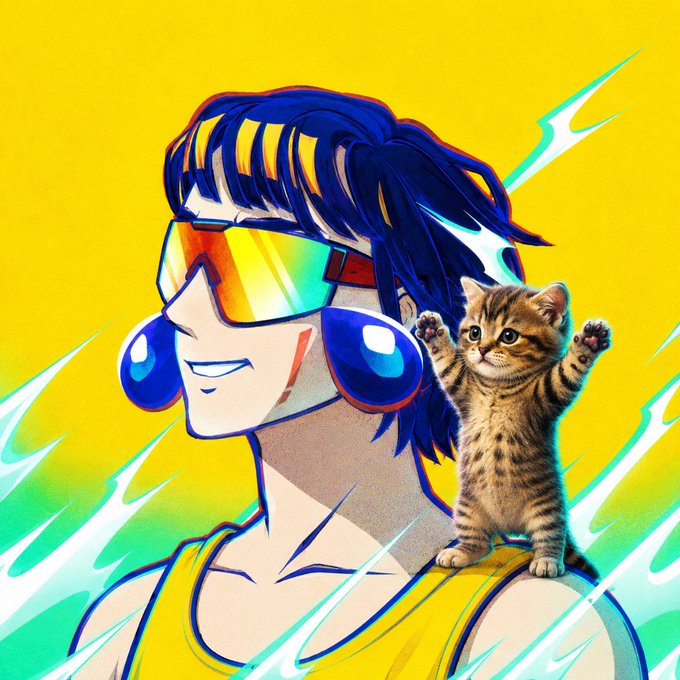 Stylized illustration of a smiling character with blue hair wearing large reflective ski goggles, with a cute tabby kitten with raised paws on their shoulder, set against a vibrant yellow background.
