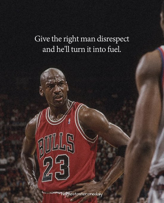 The image shows Michael Jordan in a red Chicago Bulls #23 jersey with an intense expression, paired with the caption "Give the right man disrespect and he'll turn it into fuel."

This visual ties into the post about "$pons pa" being studied for years by using Jordan as a prime example of someone who famously channeled perceived slights and disrespect into motivation, transforming doubters' words into the fuel that drove his legendary success and competitive dominance.