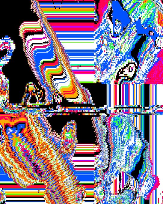 A heavily distorted, glitch-art image featuring pixelated patterns and horizontal color bars in vibrant blues, reds, greens, and oranges.