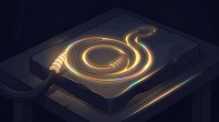 A glowing rainbow-colored cable forms an '@' symbol and coil on a dark surface, resembling a 3D rendering or illustration.