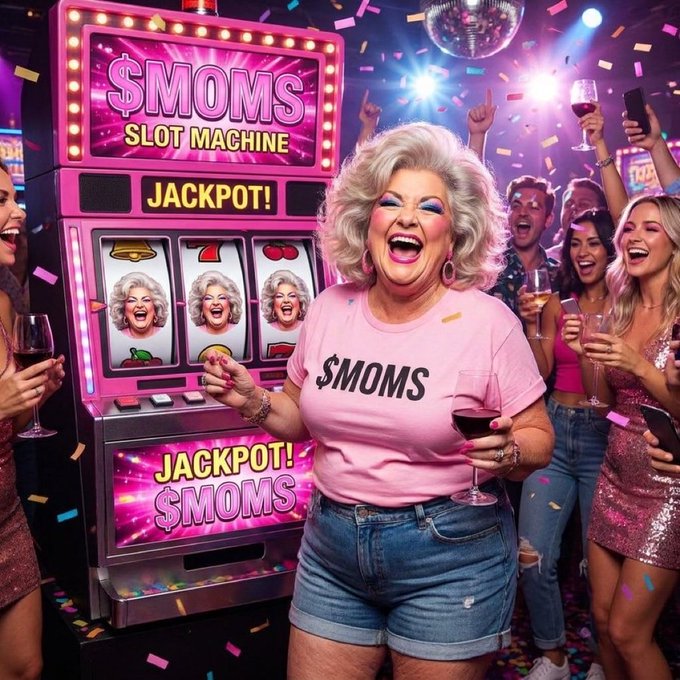 A vibrant scene of a woman in a pink '$MOMS' t-shirt celebrating a jackpot on a pink '$MOMS SLOT MACHINE', surrounded by cheering friends holding wine glasses.
