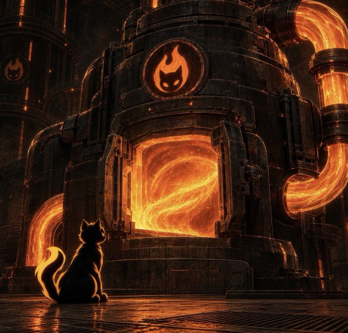 A black cat with a glowing tail sits before a massive industrial furnace with flowing molten lava and a flame emblem, evoking a dark fantasy forge atmosphere.