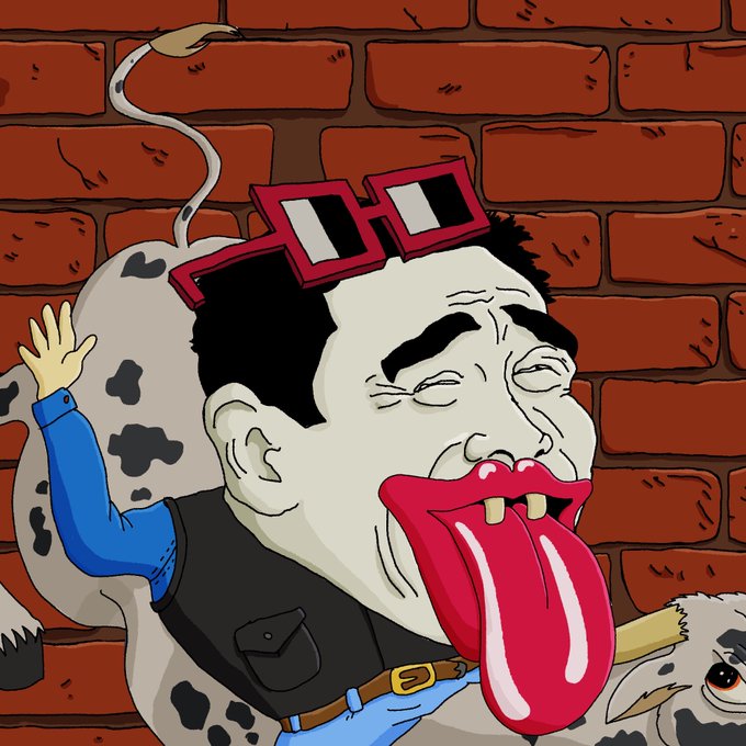 Cartoon caricature of a man with red square glasses, an exaggerated long red tongue, and a Dalmatian-patterned backpack against a brick wall background.