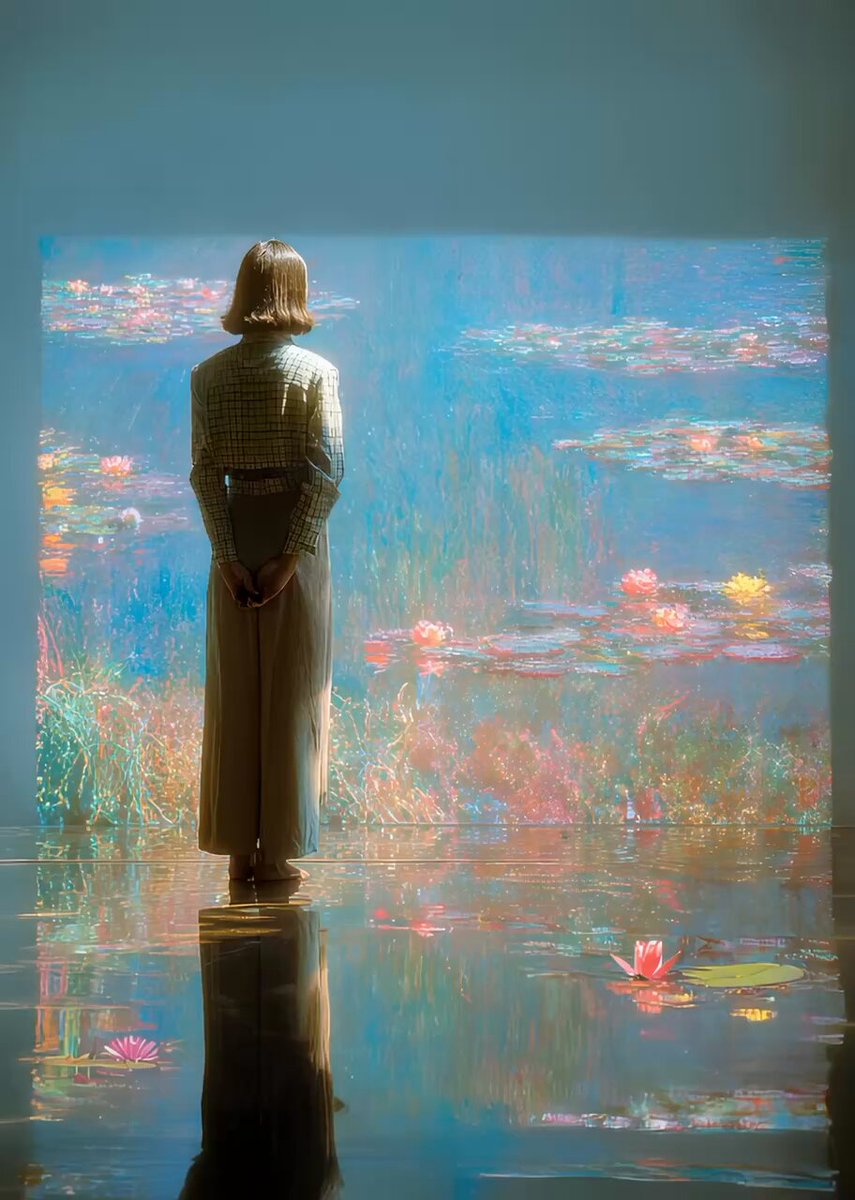 The image features a woman standing in front of a painting that depicts water lilies, with her back turned towards the viewer. The painting has a blue background, which contrasts with the white frame surrounding it. The woman appears to be looking at the painting intently and is dressed in a green shirt and a long skirt. The post also mentions an artist named "A Dream Within a Dream" by the end of this Sunday.