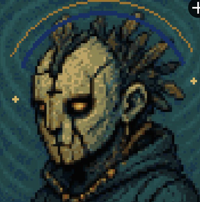 A pixel art portrait of a bearded man with dreadlocks and glowing orange eyes against a dark background with a halo-like arc.