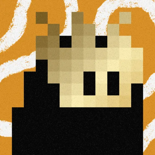 A pixel art-style image of a bear's face composed of blocky, beige and brown squares against a textured orange and white background.