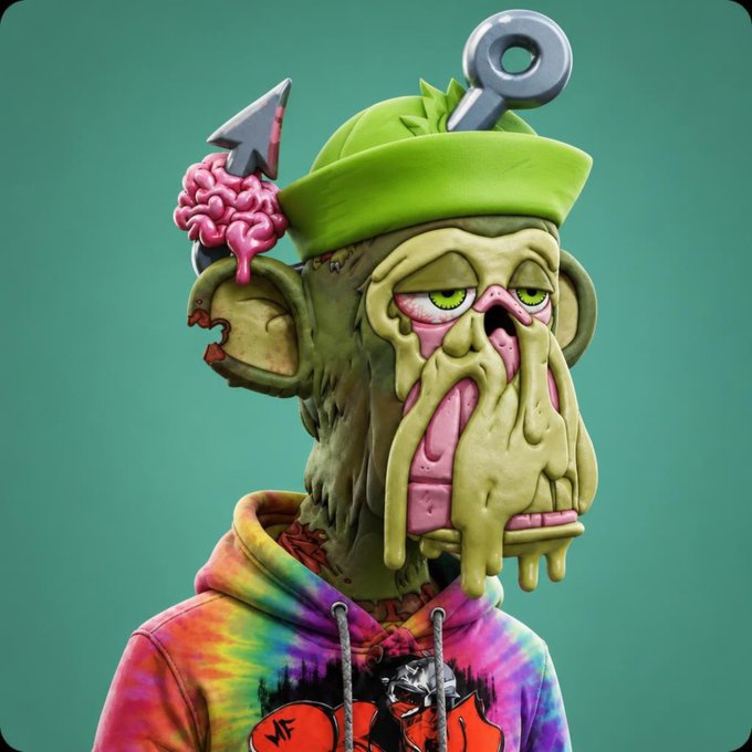 A grotesque zombie-like ape NFT with an exposed pink brain, green beanie featuring a wind-up key, and tie-dye "4EVERBORED" hoodie, embodying the edgy, collector-proud aesthetic of the BAYC/MAYC community celebrated in the caption.