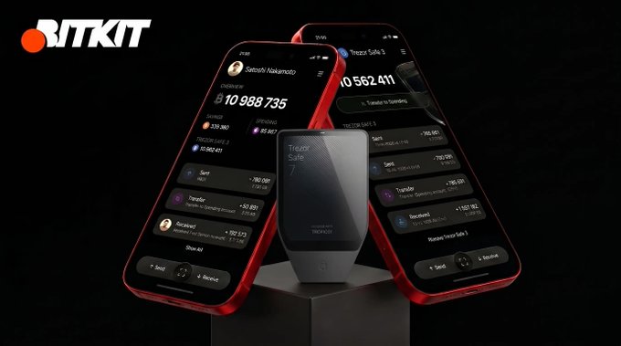 A promotional image for Bitkit Bitcoin wallet shows two red-cased iPhones displaying app screens with balances in SATS, including names like Satoshi Nakamoto (10,988,735) and Trezor Safe 3 (10,562,411), alongside a hardware wallet device.