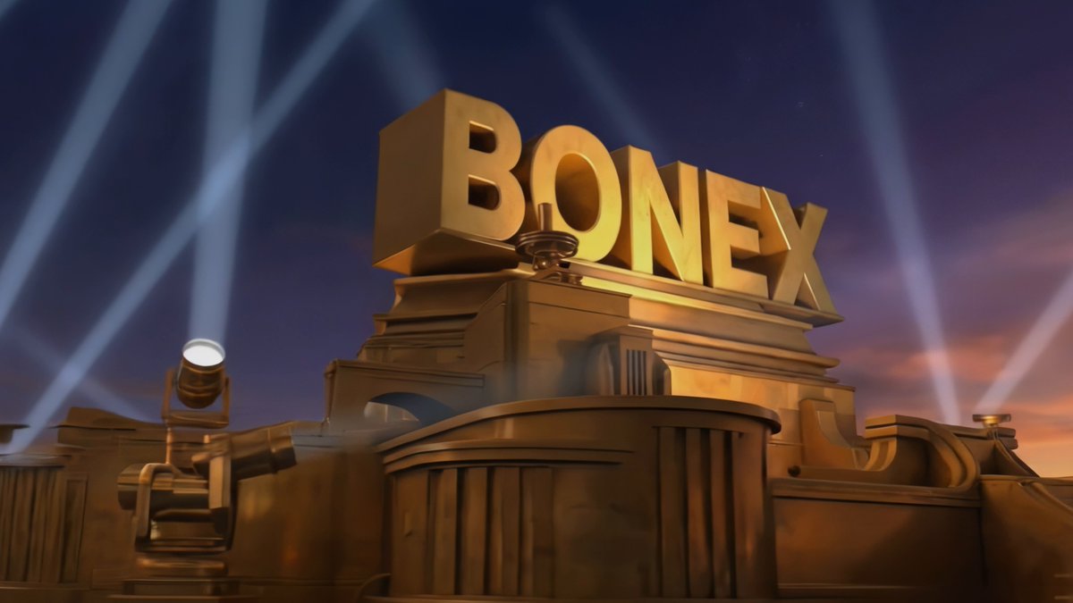 The image shows a golden advertisement with large, blocky letters spelling "Bonex" against a blue sky background filled with white lights from behind them. It appears that there are multiple lights surrounding the lettering, enhancing its visibility. There's also some text below the advertisement explaining what "Phase 1" means in relation to the Bonex cryptocurrency trading platform and that it is currently live for trading purposes or testing phase. The phrase "Introducing fully decentralized Episodic Trading on @base and powered by @chainlink Data Streams." further elaborates on the details of this new cryptocurrency platform, indicating that it's a step towards decentralization in terms of trading practices with potentially lower fees due to not requiring a central exchange.