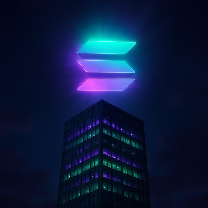 A nighttime illustration of a dark skyscraper with purple and teal illuminated windows, topped with a glowing neon Solana logo in gradient teal and purple.