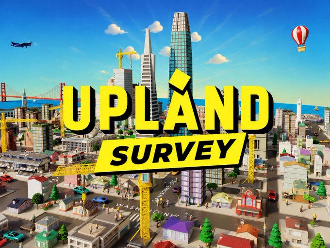 A colorful 3D-rendered cityscape featuring the Golden Gate Bridge, skyscrapers, and a hot air balloon serves as the vibrant backdrop for the bold yellow "UPLAND SURVEY" title logo. The lively urban scene visually represents the virtual world of Upland, complementing the call for player feedback to shape the platform's future direction.