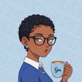 A digital illustration of a person with short dark hair and glasses wearing a blue sweater while holding a mug.
