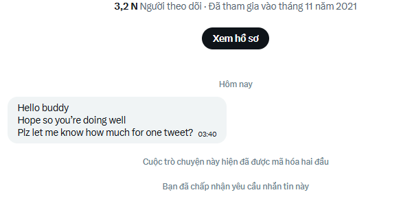 A Vietnamese social media direct message interface showing a message that reads 'Hello buddy, Hope so you're doing well, Plz let me know how much for one tweet?' with '3,2 N Người theo dõi' at the top.