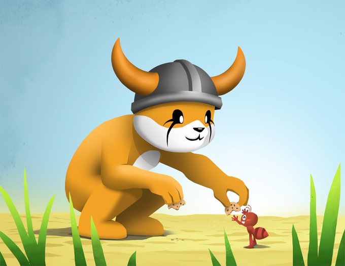 A cartoon illustration of an orange creature wearing a Viking helmet offering a cookie to a small red ant on sandy ground with green grass.