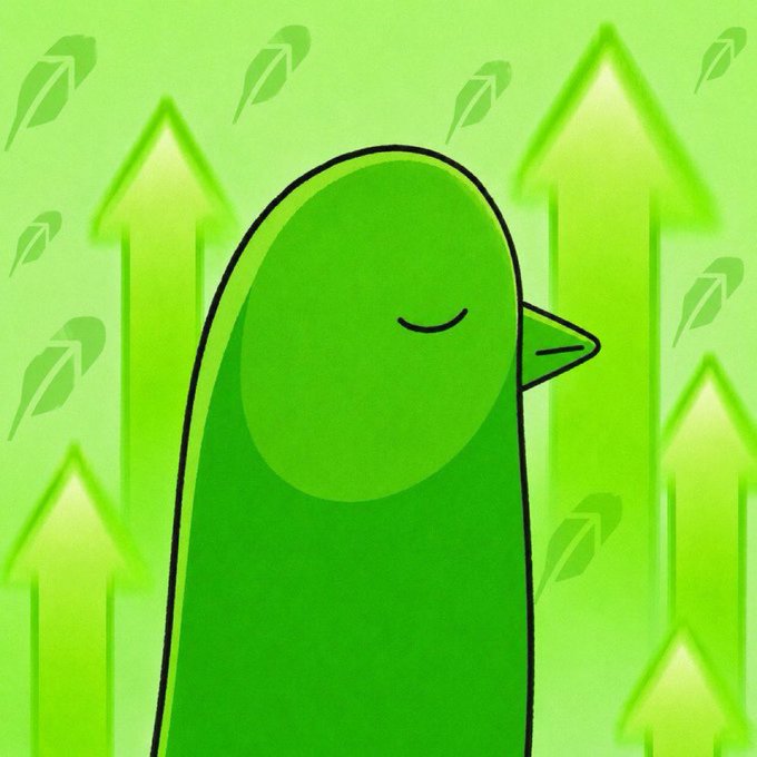A cartoon illustration of a green, blob-like character with closed eyes, surrounded by upward-pointing green arrows and falling leaves on a green background, suggesting growth.