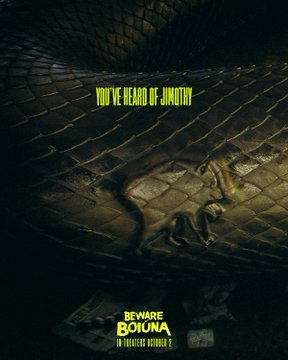 The image is a dark, surreal movie poster for "Beware of Boijna 2 (December October 2)" featuring a lizard on tiled flooring with the ominous text "YOU'VE HEARD OF JIMOTHY" at the top. The post comments on how absurd this appears, suggesting the bizarre, chaotic aesthetic is exactly the kind of cryptic meme humor typical of memecoin trading accounts.