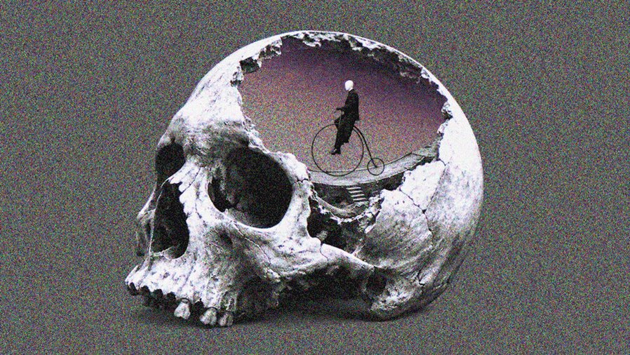 The image features a skull with an inside view, revealing a person riding a bicycle through its hollow interior. The caption of the image reads "The Restless Passenger is now live. Thank you @CryptoHodler91 for the starting the auction and for constantly supporting what I create." This suggests that someone has created this unique piece of art or design, possibly as part of an online auction or a creative project.