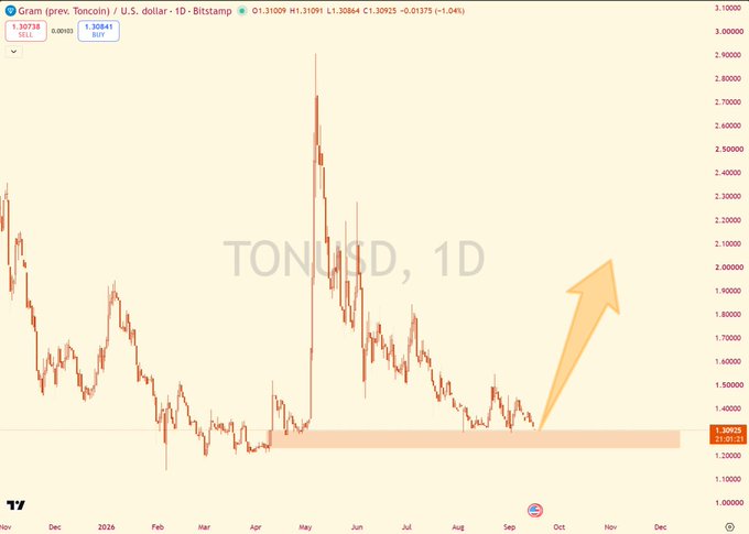 A daily TON/USD chart shows the token consolidating around the $1.30 support level in a highlighted demand zone since early August, with a large orange arrow projecting a potential breakout toward the $2.00–$2.20 range, visually reinforcing the post's argument that the market is mispricing Toncoin by valuing it on DeFi metrics rather than its potential role as Telegram's settlement layer.
