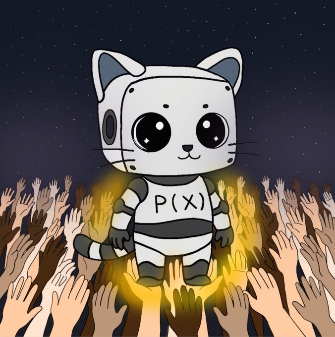 A cartoon of a cat-robot character with 'P(X)' on its chest being held up by a crowd of raised hands against a starry night sky.