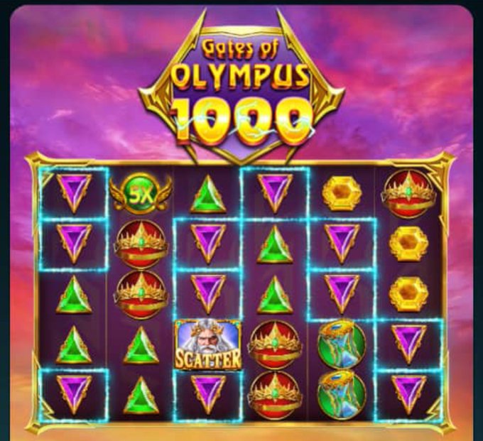 A screenshot of the 'Gates of Olympus 1000' online slot game shows a grid of symbols including a Zeus scatter symbol, with a 5x multiplier displayed.