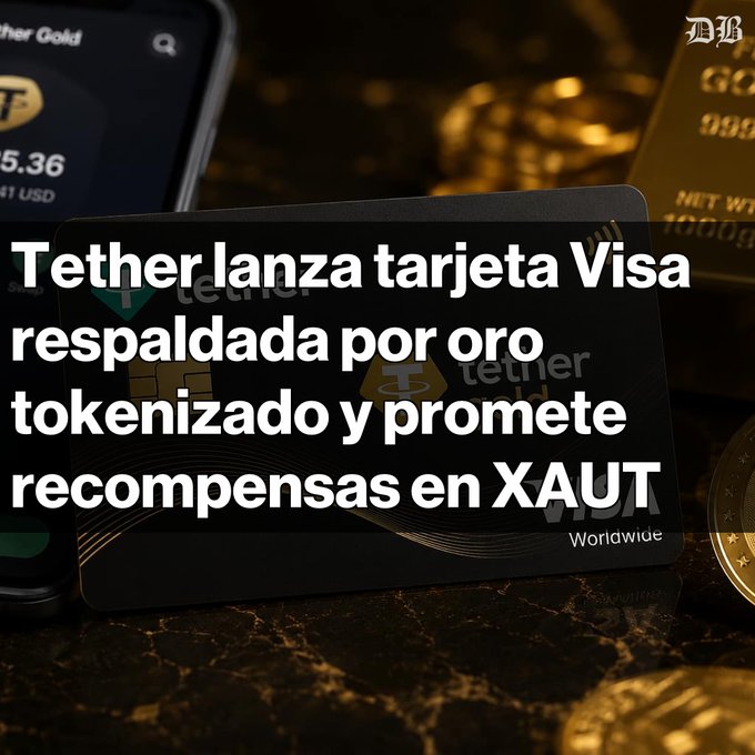 The image shows a black credit card with foreign text written on it, which appears to be a Visa card. The text on the card reads "Tetherlanza tarjeta Visa respaldada por oro tokenizado Los usuarios podrán gastar XAUT en comercios globales". This translates to "Credit Card Translation" in English. The image also includes some coins and a cell phone, which are placed on the table next to the card.