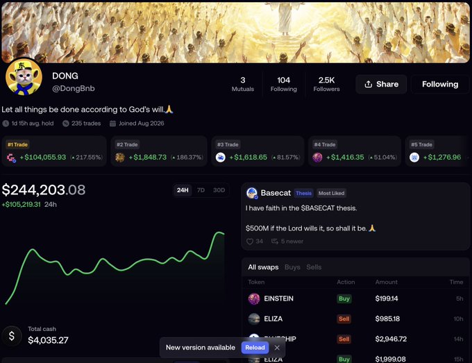 A profile page for 'DONG' (@DongBnb) on a trading platform showing 2.5K followers, trades with significant gains (217.56% on #1 Trade), and a portfolio value of $244,203.08.