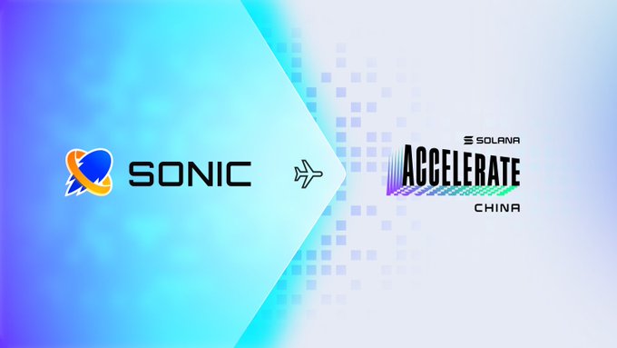 A promotional graphic showing logos for 'SONIC' and 'SOLANA ACCELERATE CHINA' separated by an airplane icon on a blue and white pixelated background.