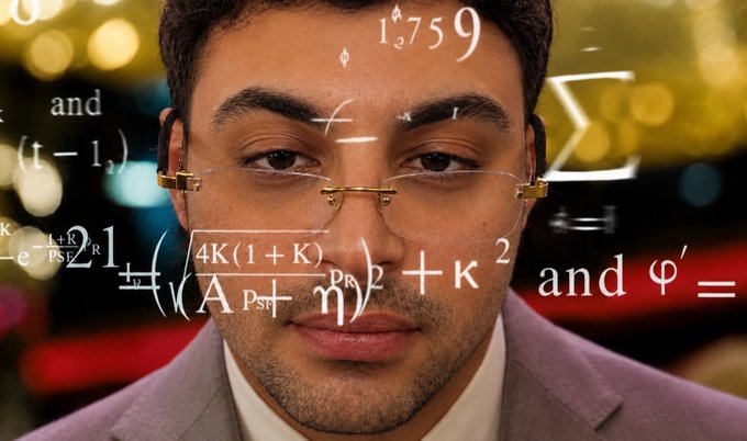 A man wearing rimless glasses looks at the camera with mathematical equations overlaid across the image.