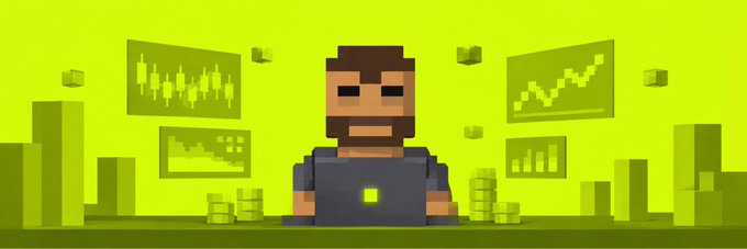 A pixel-art style illustration features a bearded character with a laptop, surrounded by floating green blocks, charts, and financial graphs on a vibrant green background.