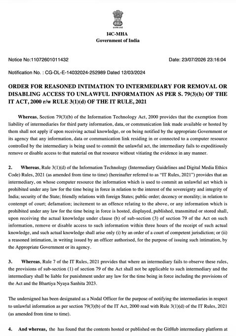 A Government of India 14C-MHA notice (No.11072601011432, dated 23/07/2026) ordered by a Nodal Officer under Notification No. CG-DL-E-14032024-252989 for removal or disabling of unlawful information under the IT Act 2000.