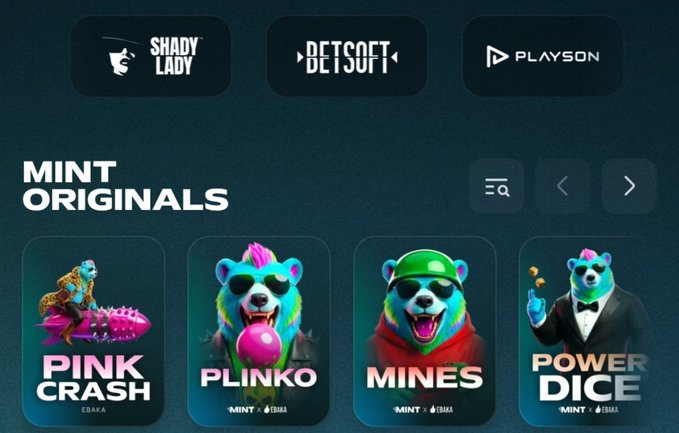 A gaming website featuring 'MINT ORIGINALS' games including 'PINK CRASH', 'PLINKO', 'MINES', and 'POWER DICE', with provider logos for Shady Lady, Betsoft, and Playson displayed at the top.