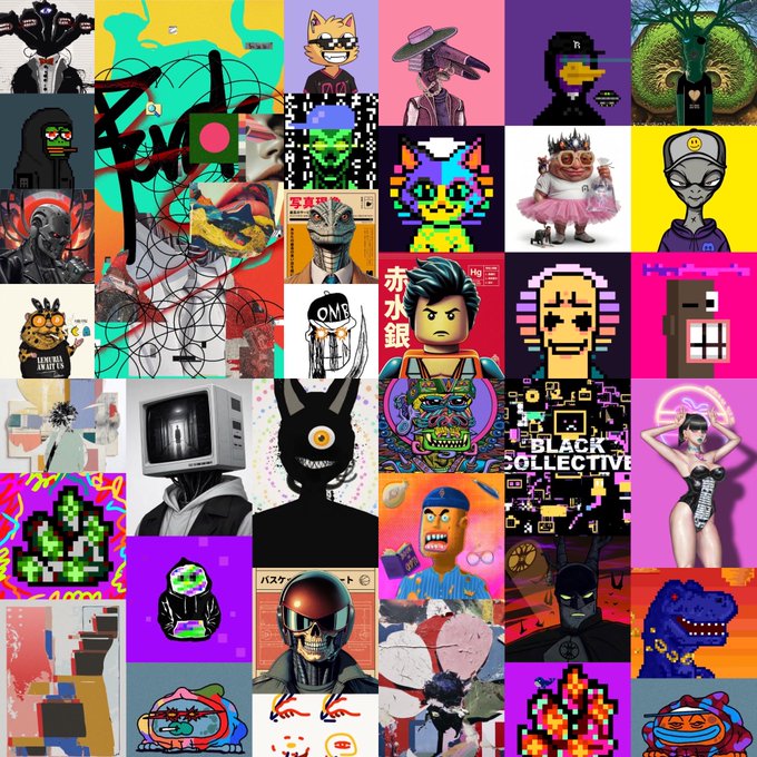 A vibrant collage of NFT-style digital art featuring various characters including monkeys, dinosaurs, robots, pixel art creatures, and figures with text like 'BLACK COLLECTIVE' and Chinese characters '赤水銀'.