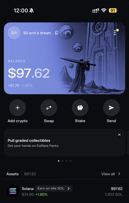 A crypto wallet app screenshot shows a balance of $97.62 (+1.80%), with the username "$0 and a dream." displayed above an illustration of a sword-wielding figure. The caption "1 sol and a dream." ties in as the user appears to be starting small with just 1 SOL ($74.90, +1.80%) toward their crypto investment goals, with the "$97.62 balance" reflecting modest early gains despite the humble "zero and a dream" beginning.