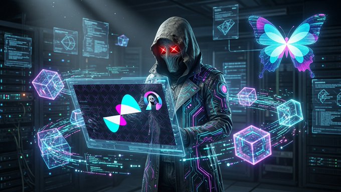 A hooded figure with glowing red X-shaped eyes works on a holographic laptop displaying a teal and pink 'X' logo, accompanied by a glowing blue butterfly in a dark, high-tech server room.