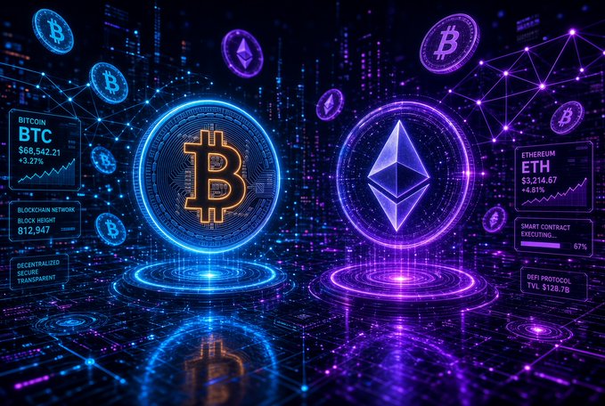 A neon-lit digital artwork featuring a gold Bitcoin and a silver Ethereum coin surrounded by blockchain data, including 'BITCOIN BTC $68,542.21' and 'ETHEREUM ETH $3,214.67'.