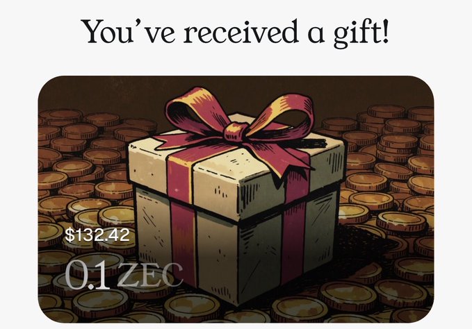 A digital gift notification showing 'You've received a gift!' worth '$132.42 / 0.1 ZEC' (Zcash), depicted as a wrapped present surrounded by coins.
