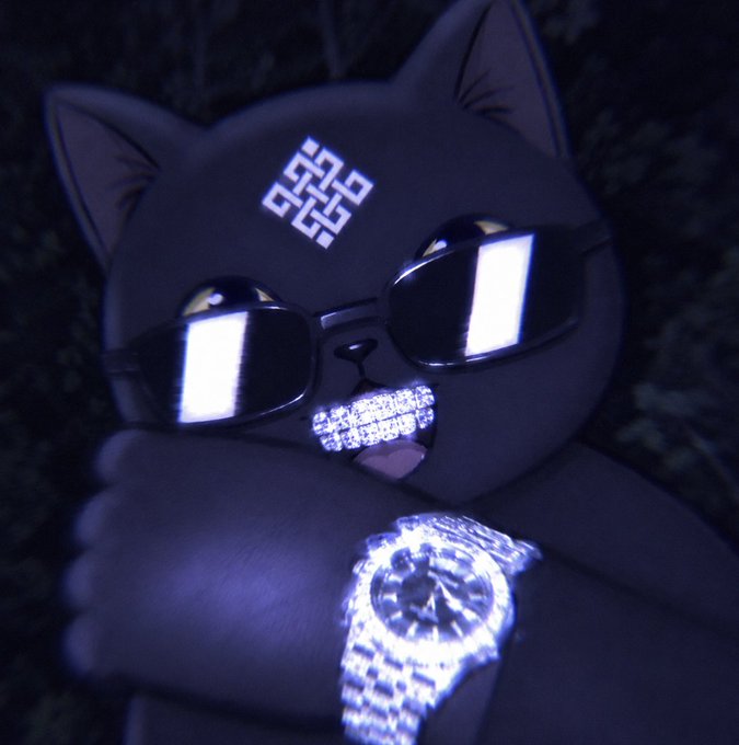 An illustrated gray cat character wearing dark sunglasses, a diamond-encrusted watch, and a grillz with diamonds, featuring a symbol on its forehead, lit up with neon accents against a dark background.
