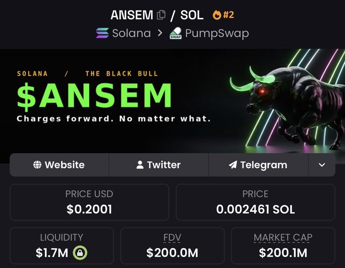 A crypto tracking page displays the $ANSEM token on Solana via PumpSwap, showing a price of $0.2001, FDV of $200.0M, and market cap of $200.1M, alongside an illustration of a black bull labeled "THE BLACK BULL" with the tagline "Charges forward. No matter what."