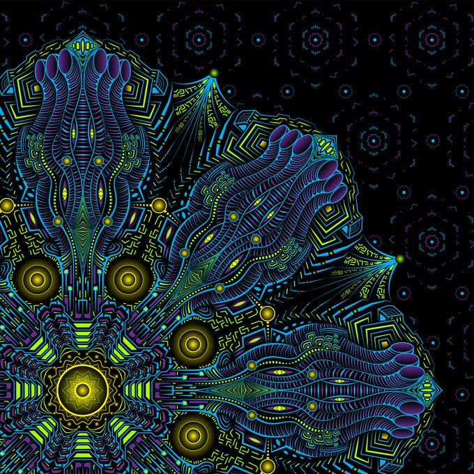 A vibrant, psychedelic digital artwork features intricate geometric patterns and glowing circular motifs in shades of blue, yellow, and purple set against a black background.
