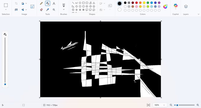 A Microsoft Paint canvas displaying an abstract digital artwork with geometric shapes, lines, and arrow-like forms in white on a black background, with the drawing tool ribbon visible at the top.