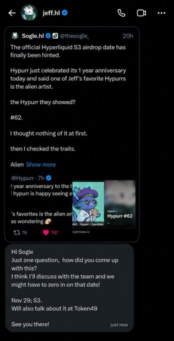 A Twitter screenshot from user 'jeff.hl' showing a quoted tweet from 'Sogle.hl' discussing the Hyperliquid S3 airdrop and an alien artist trait for Hypurr #62, followed by a DM reply suggesting November S3.
