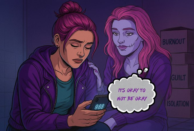 An illustration of a young woman with pink hair looking down at her phone showing '988', while a skeletal, purple-skinned figure with pink hair emerges behind her. A thought bubble reads 'IT'S OKAY TO NOT BE OKAY', with boxes labeled 'BURNOUT', 'GUILT', and 'ISOLATION' stacked nearby.